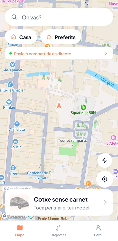 La pantalla de mapa de TacTac amb el vehicle triat