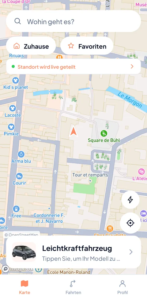 Der Kartenbildschirm von TacTac mit dem gewählten Fahrzeug