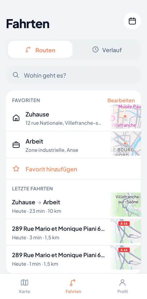 Deine Fahrten und Favoriten, mit einem Tipp