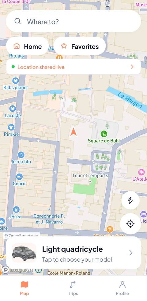 The TacTac map screen with the chosen vehicle