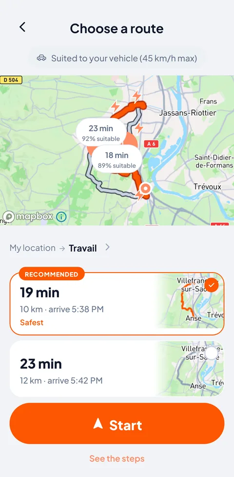 Three suggested routes, all suited to 45 km/h