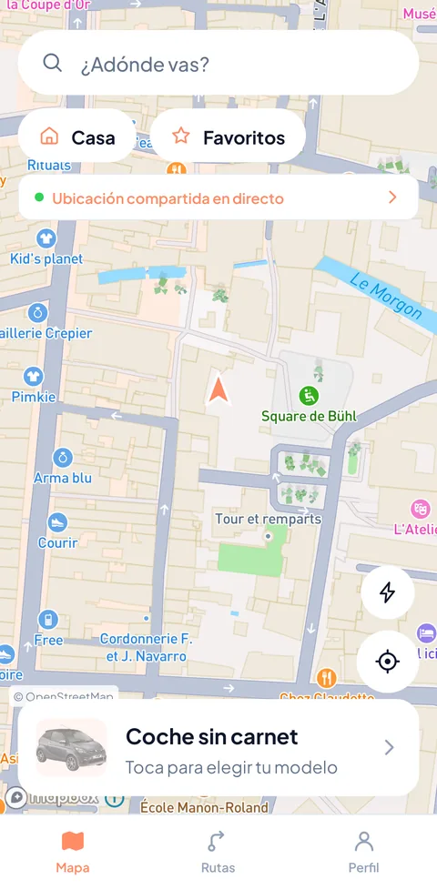 La pantalla de mapa de TacTac con el vehículo elegido