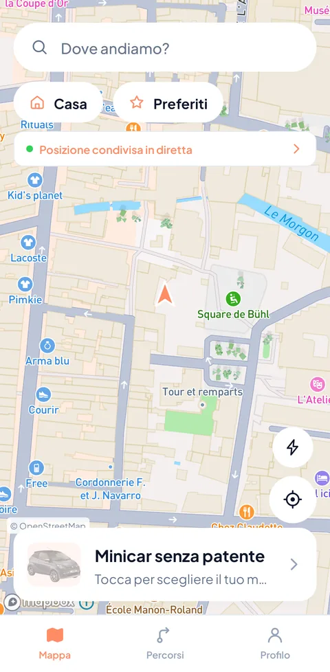 La schermata mappa di TacTac con il veicolo scelto