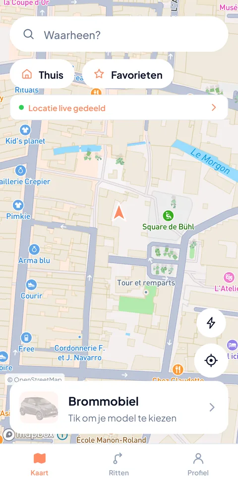 Het kaartscherm van TacTac met het gekozen voertuig
