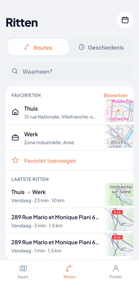 Je ritten en favorieten, met één tik