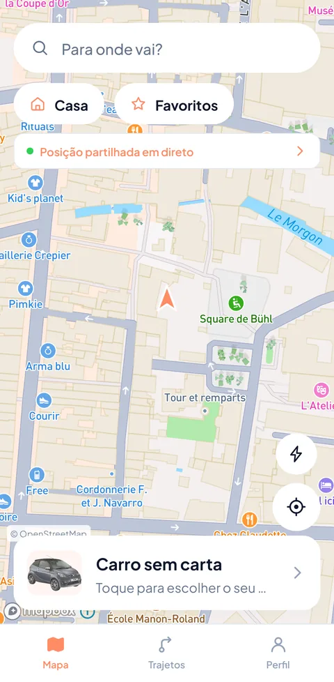 O ecrã de mapa da TacTac com o veículo escolhido